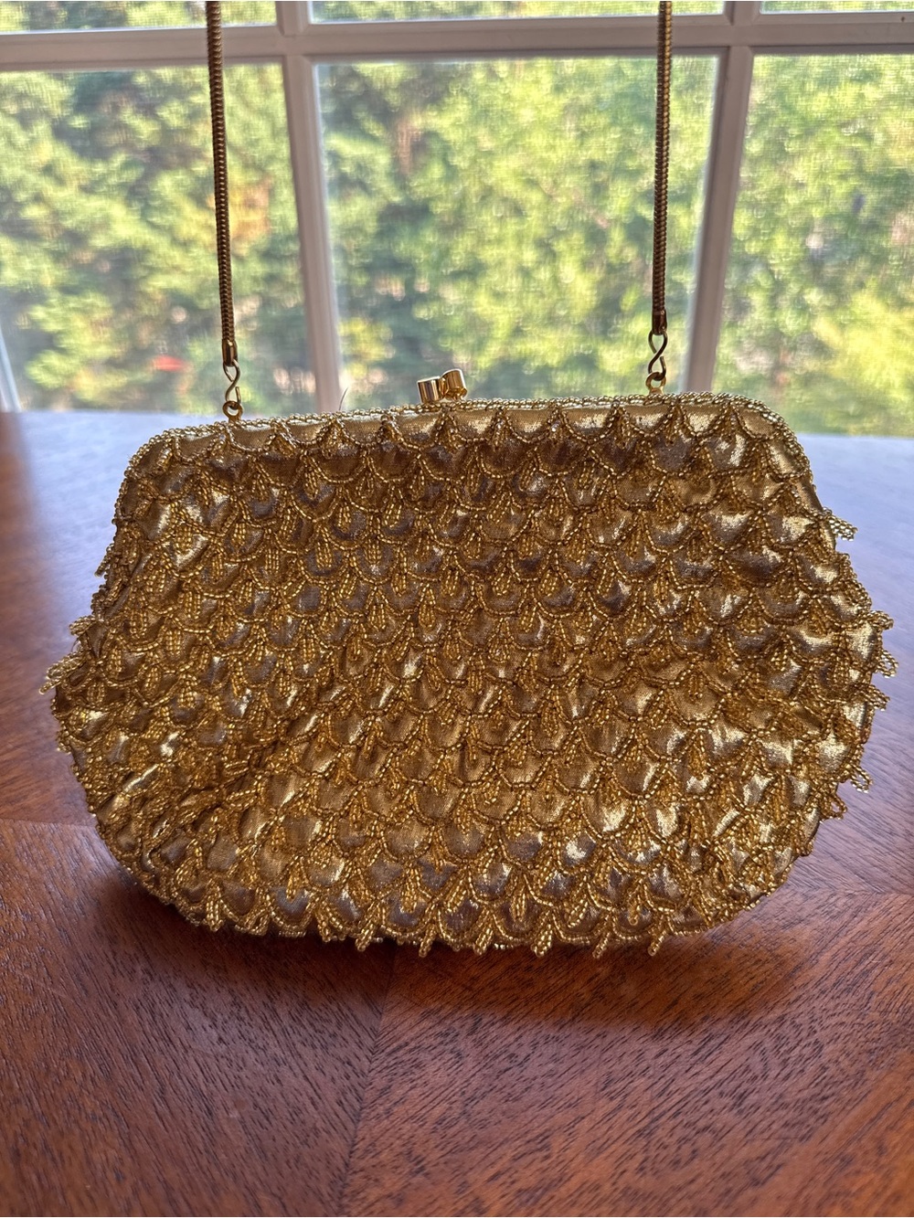 Magid Gold Beaded Evening Clutch with Chain